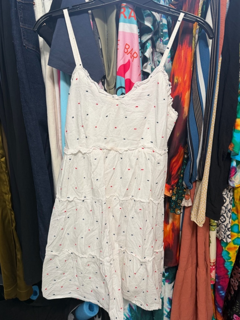 Cotton Light weight White Dress With Red And Navy Dots - size small
